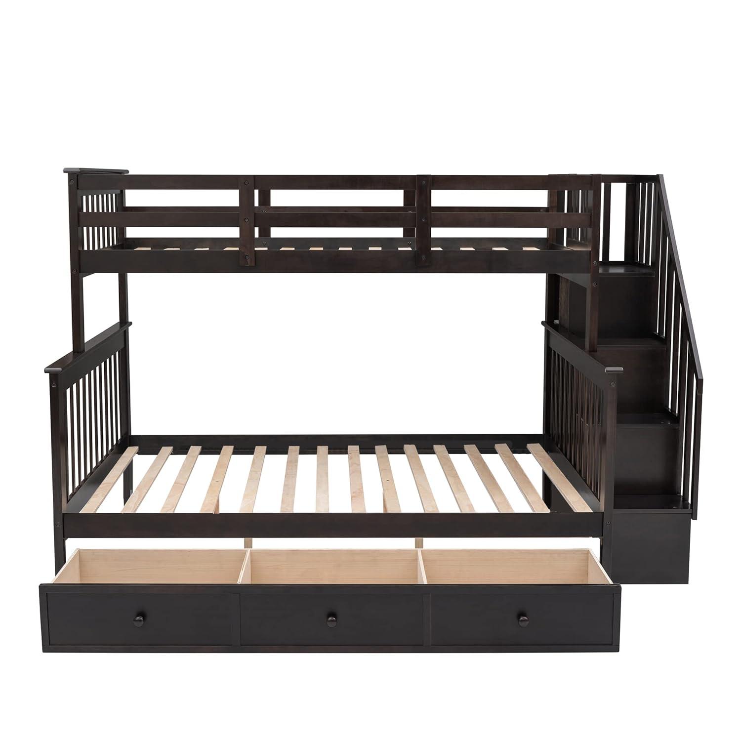 Twin Over Full Bunk Bed Frame With Storage Drawers, Shelves, Guardrails and Stairs for Kids, Teens and Adults - Espresso