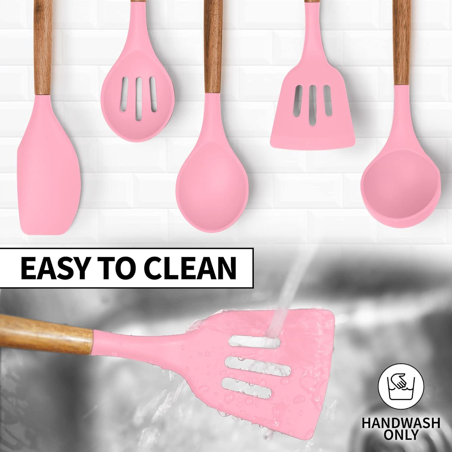 Zulay Kitchen Non-Stick Silicone Utensils Set with Acacia Wood Handles 5 Piece Silicone - Pink