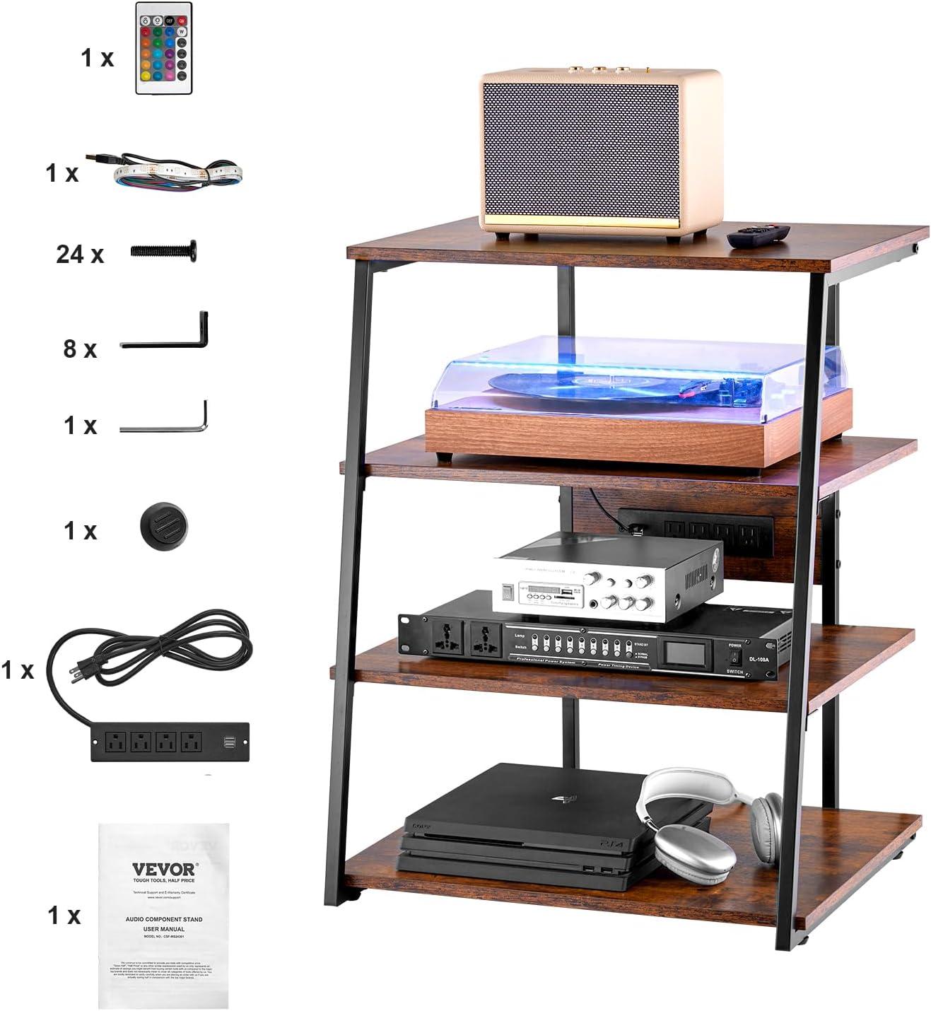 VEVOR 4-Tier AV Media Stand with Power Strips, Corner TV Stand with LED Lights, Height Adjustable Wooden Shelves