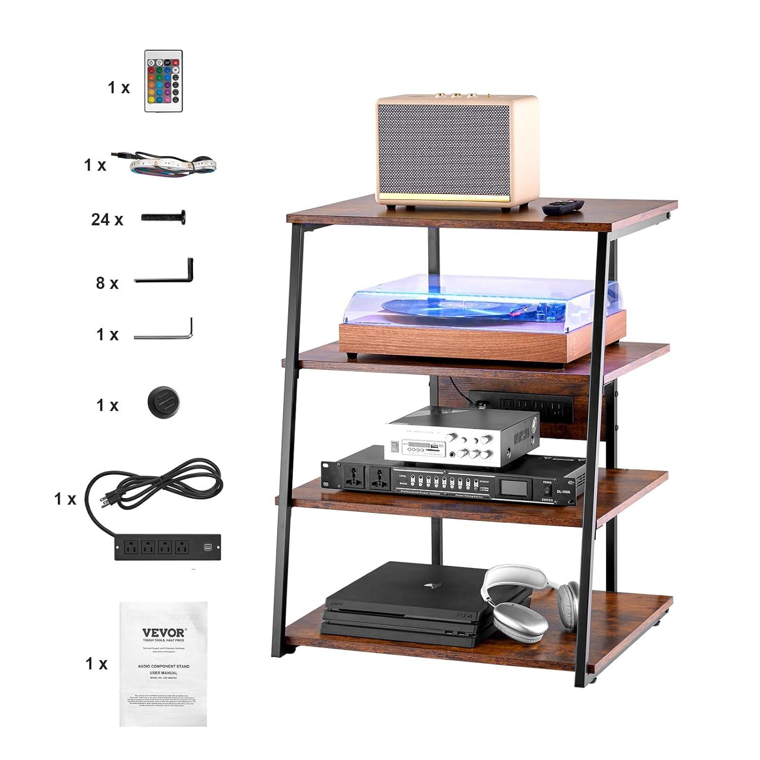 VEVOR 4-Tier AV Media Stand with Power Strips, Corner TV Stand with LED Lights, Height Adjustable Wooden Shelves