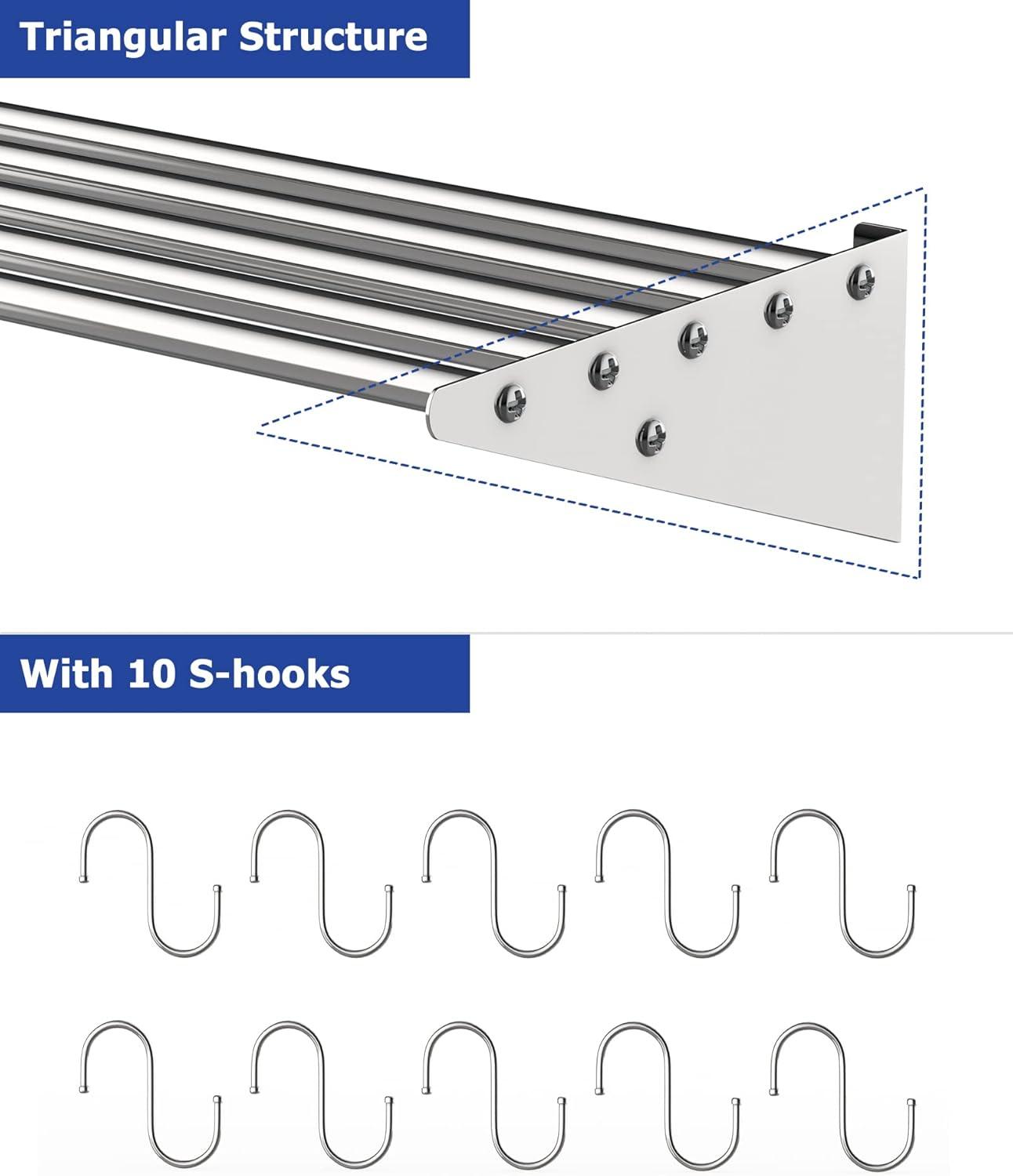 RIEDHOFF Metal Kitchen Rack for Storage and Organization, [NSF Certified] 12" x 36" Stainless Steel Wall Mount Shelf with 10 S Hooks for Hanging Pots, Pans, Cookware in Home and Restaurant