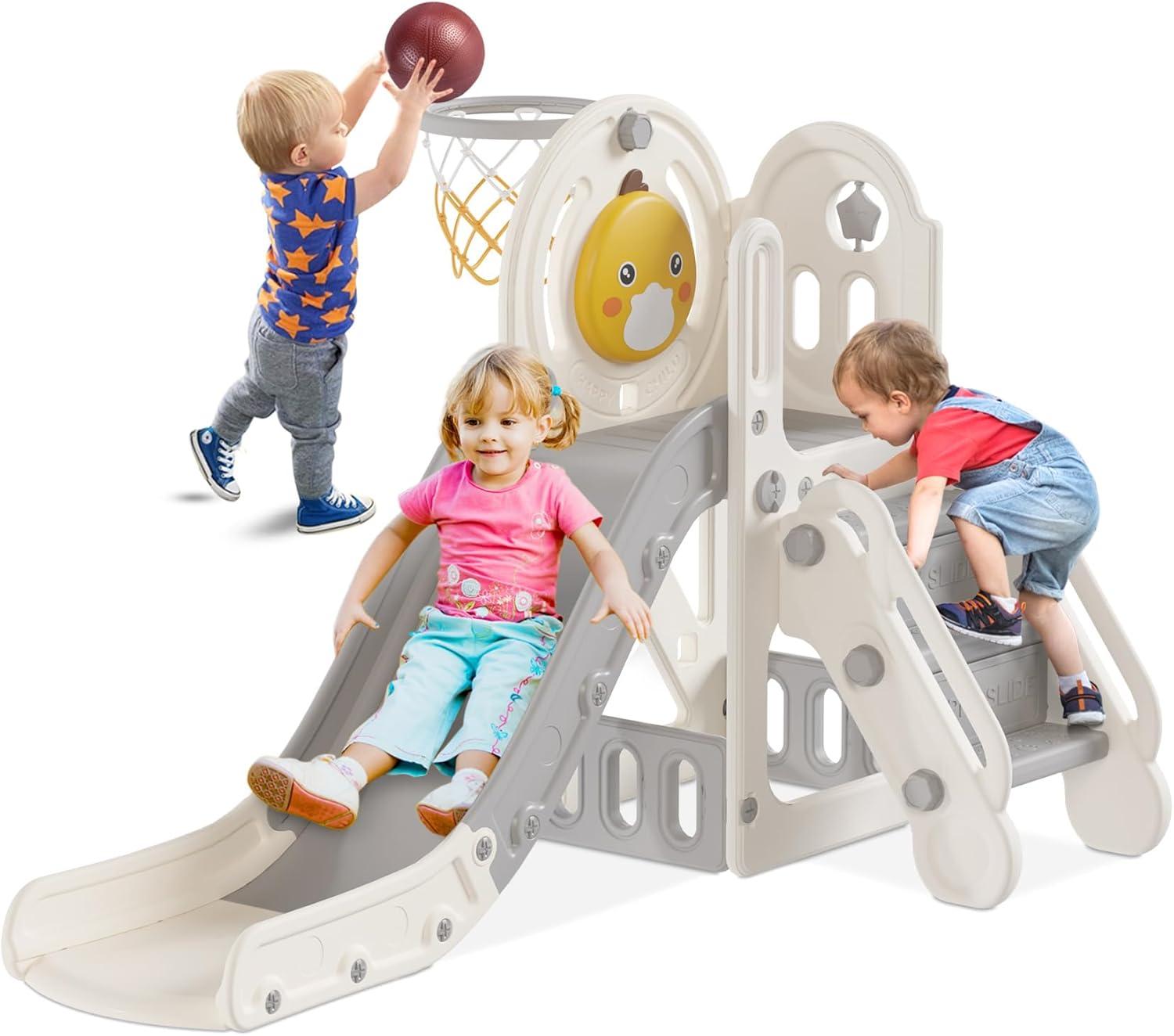 5 in 1 Toddler slide, Kids Slide with Climber Outdoor Indoor Slide Cute Duck Theme Playset