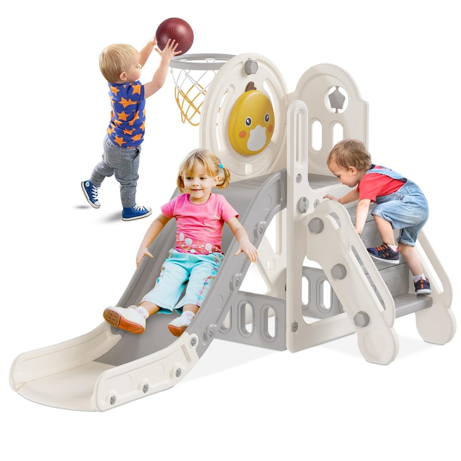 Suteck 5 in 1 Toddler slide, Kids Slide with Climber Outdoor Indoor Slide Cute Duck Theme Playset
