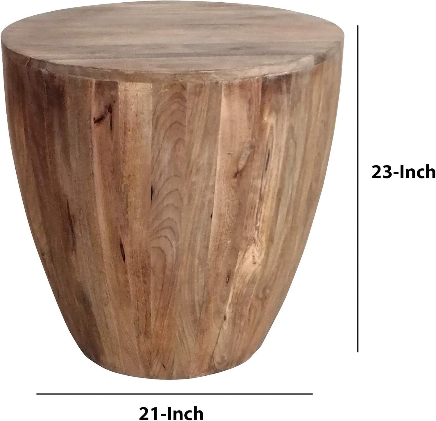 The Urban Port Hand Carved Cylindrical Shape Round Mango Wood Distressed Wooden Side End Table Brown: No Assembly, Polished Finish