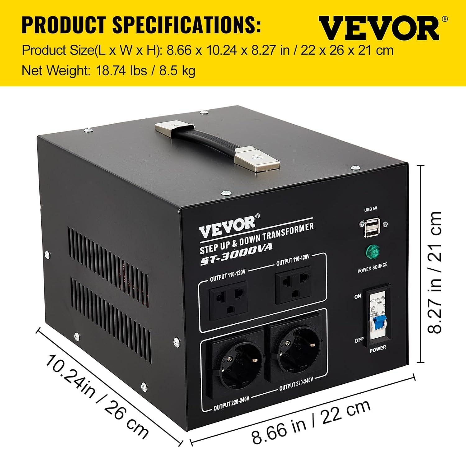 VEVOR 3000W Black Step Up/Down Voltage Transformer with USB Port