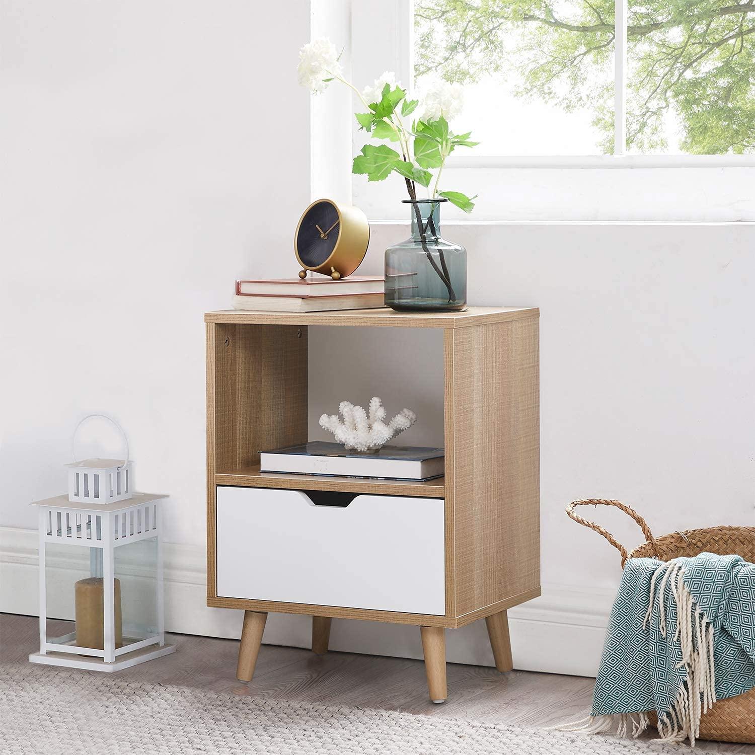 Sweetgo Modern Wooden Bedroom 2-Tier Nightstand End Side Table with Open Shelf, 4 Anti-Slip Rubber Padded Legs, & 1 Storage Drawer, Tan, Set of 2