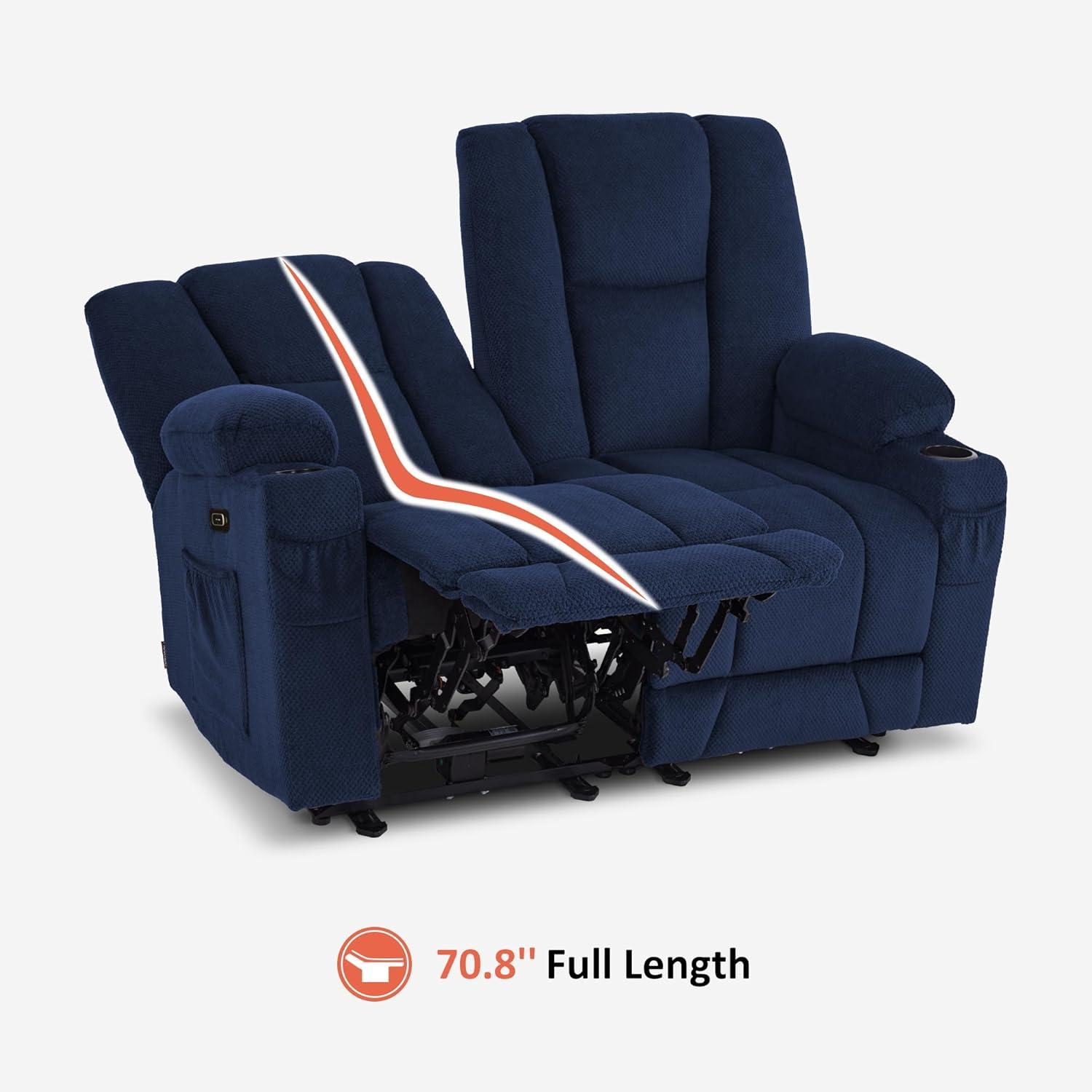 MCombo Power Loveseat Recliner w/ Massage USB Port for Living Room Navy Blue Fabric 6025