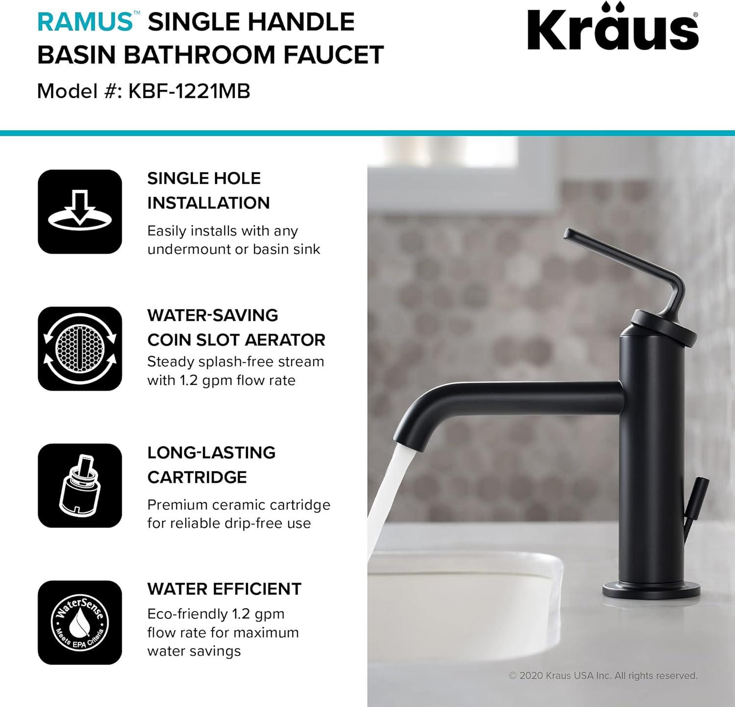 KRAUS Ramus Single Handle Bathroom Sink Faucet with Lift Rod Drain