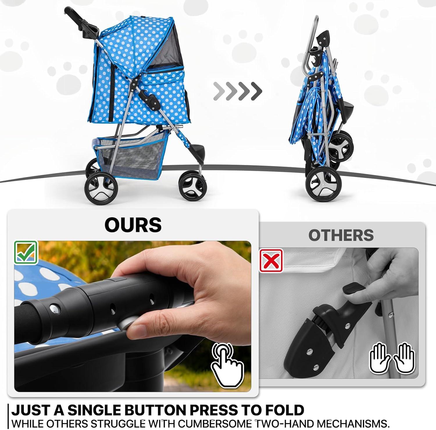 Magshion Foldable Pet Dog and Cat Stroller with Adjustable Canopy Storage Basket and Cup Holder for Small and Medium Pets