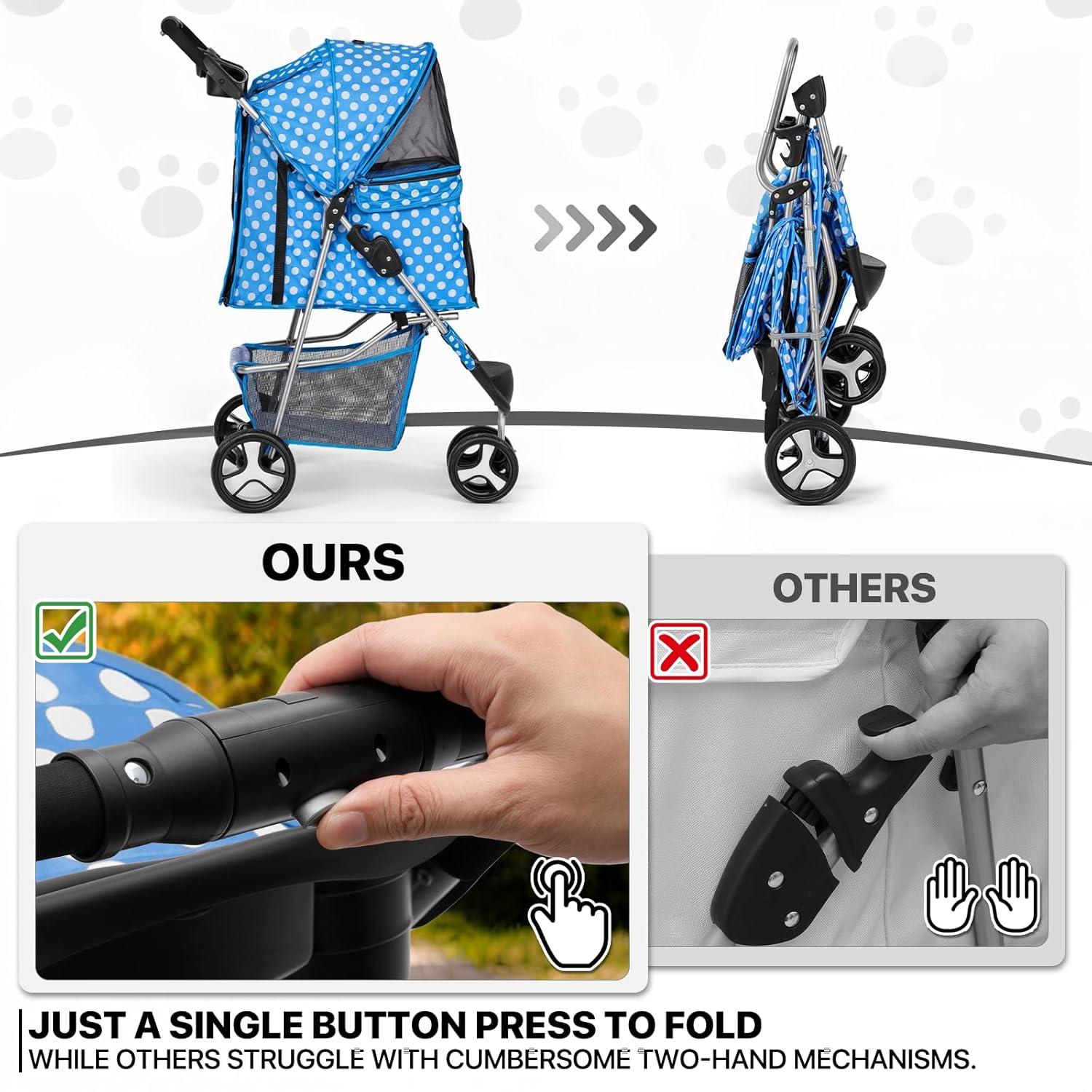 Magshion Foldable Pet Dog and Cat Stroller with Adjustable Canopy Storage Basket and Cup Holder for Small and Medium Pets