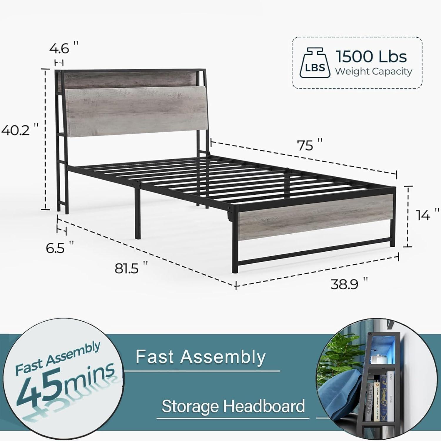 Linsy Home Queen Size Platform Bed Frame with Headboard and 3 Storage Shelves, Metal Bed with Lights, Outlets & USB, Light Grey, Mattress Not Included