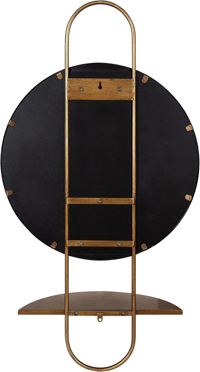 Gold Round Mirror with Wood Shelf, 19" x 33"