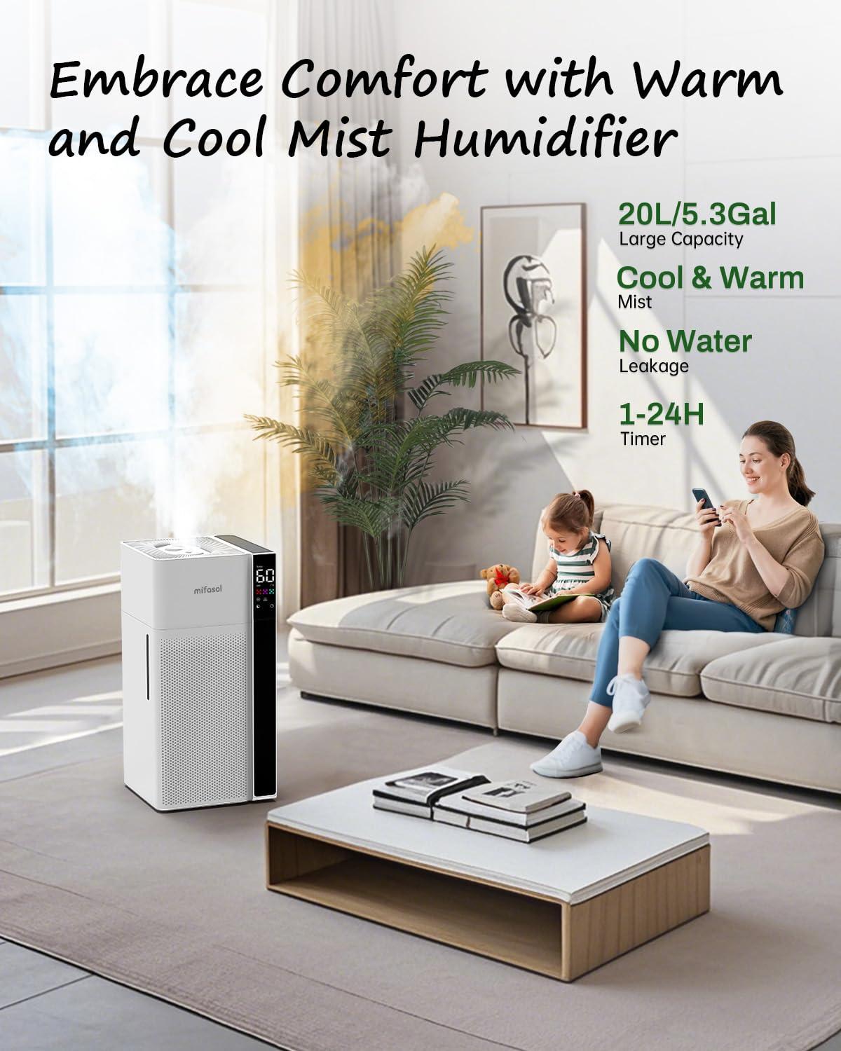 Warm and Cool Mist Humidifier Large Room, 5.3Gal/20L Whole House Humidifiers for Home, Quickly & Evenly Humidify Larger Areas, Top Fill, White