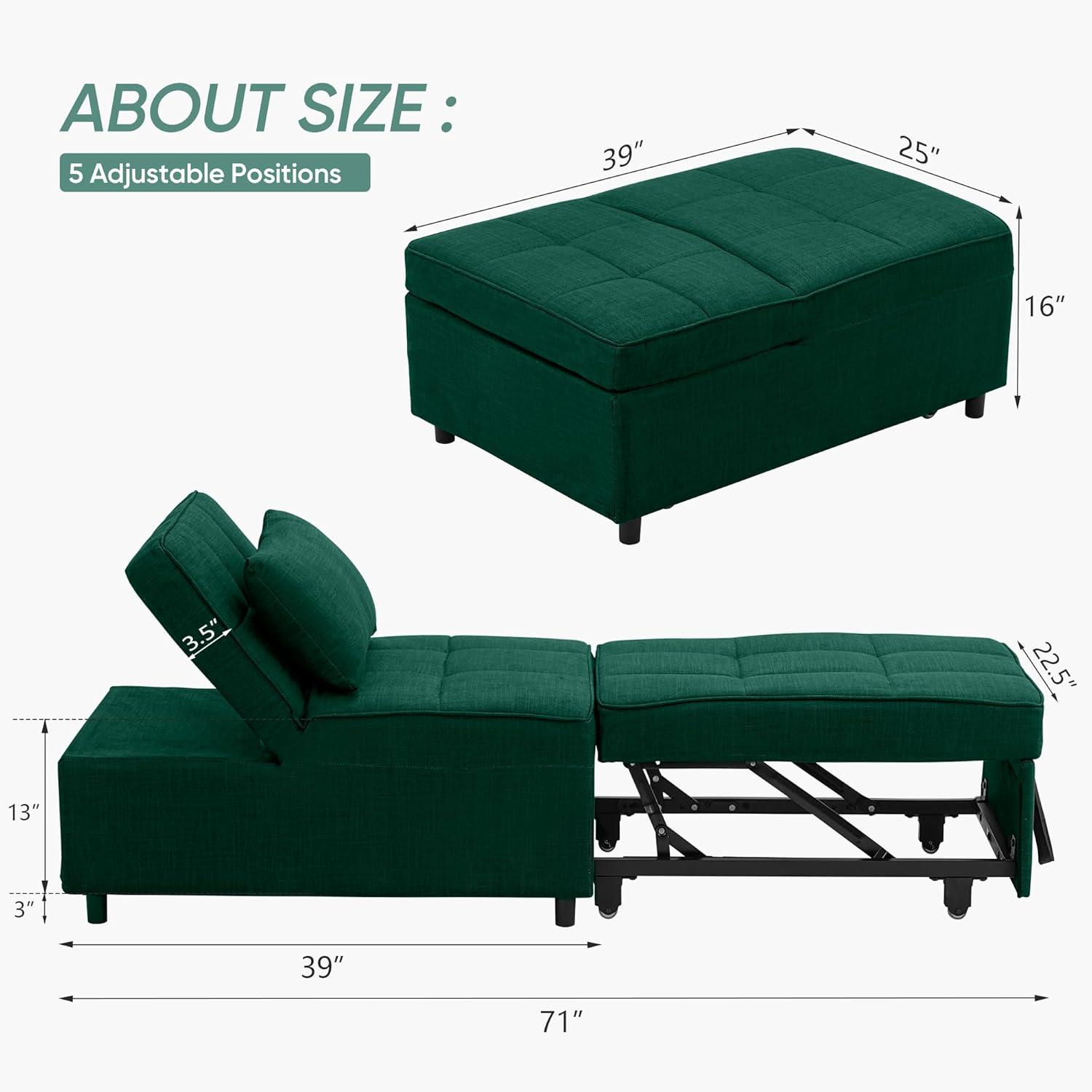 Ainfox 4-in-1 Convertible Sleeper Chair Bed Pull Out Sofa Bed Chaise Lounge for Home Office, Grey