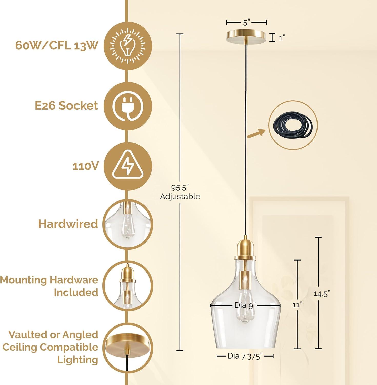 Ink+Ivy 9"x95.5" Auburn Bell Shaped Hanging Glass Simple Industrial Pendant Light Gold: Modern Ceiling Fixture, 60W E26, Adjustable Height