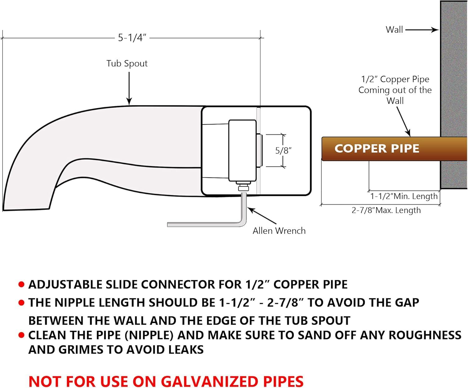 Tub Spout With Adjustable Slide Connector For 1/2 Inch Copper, 5-1/4 Inch Length, Chrome Finish