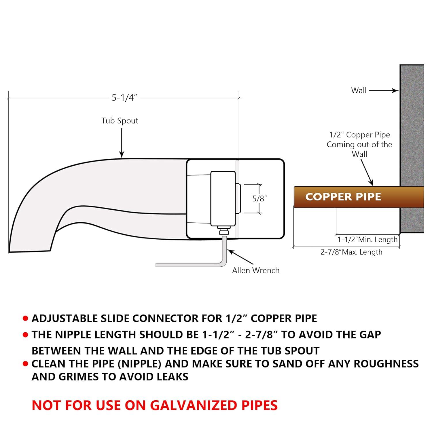 Tub Spout With Adjustable Slide Connector For 1/2 Inch Copper, 5-1/4 Inch Length, Chrome Finish