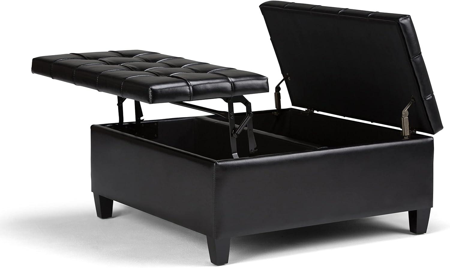 Midnight Black Tufted Faux Leather 36" Square Storage Ottoman