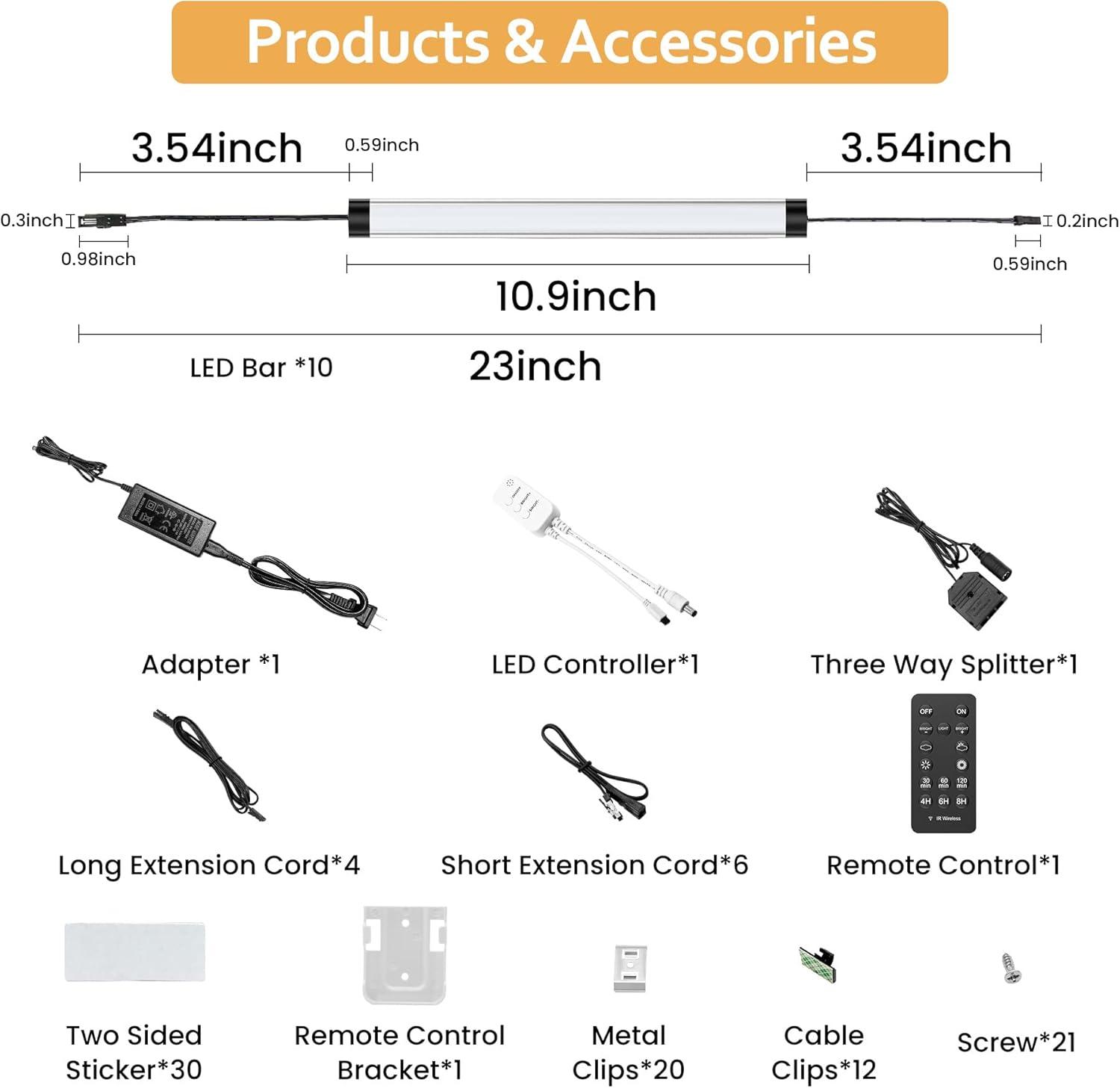 Under Cabinet Lights Kit, LED Smart Dimmable Strip Lighting Fixtures, 24V Plug in Linkable Bar LED Counter Lights for Pantry, Kitchen, Shelf, Bookcases, Showcase (10 PCS, Cold White)