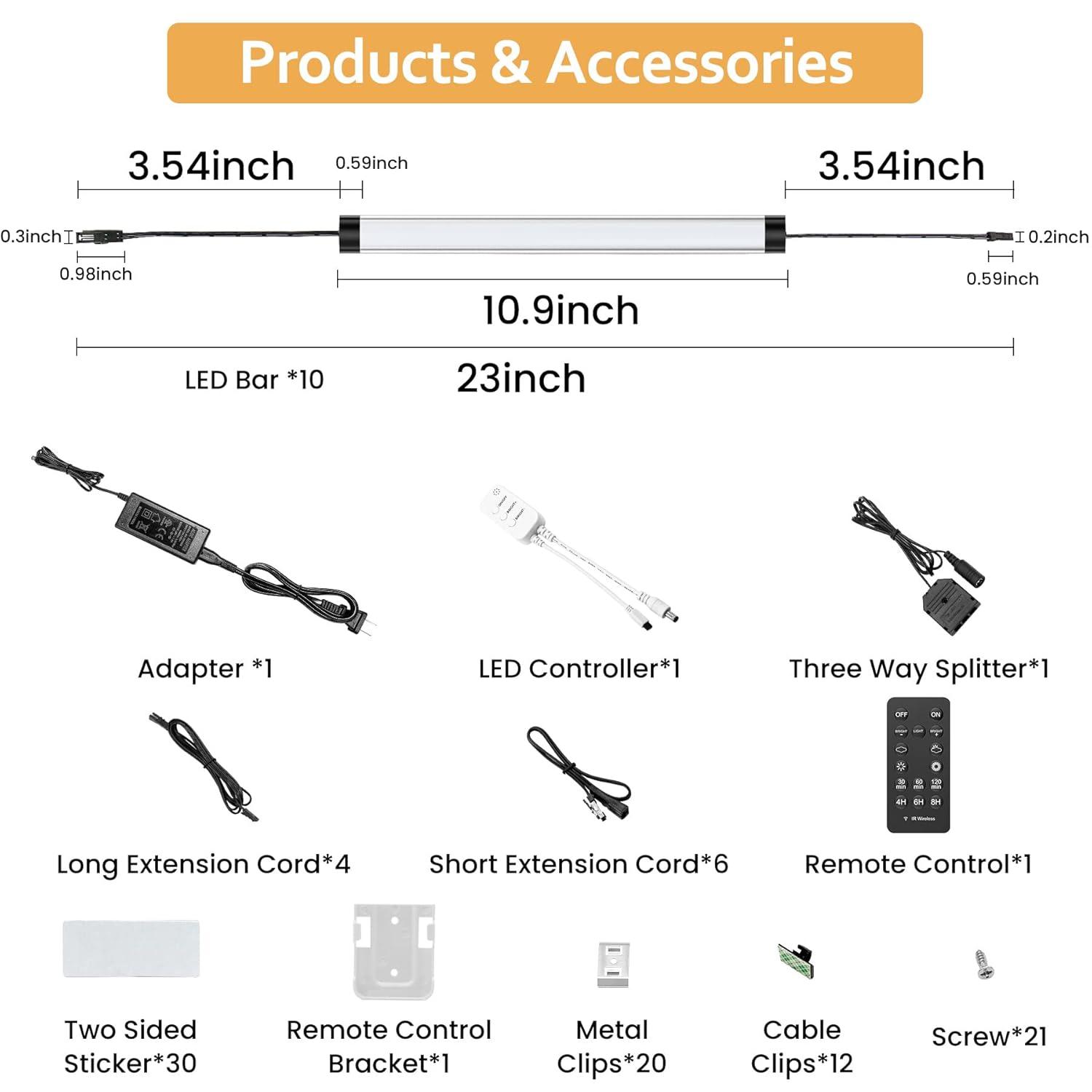 Under Cabinet Lights Kit, LED Smart Dimmable Strip Lighting Fixtures, 24V Plug in Linkable Bar LED Counter Lights for Pantry, Kitchen, Shelf, Bookcases, Showcase (10 PCS, Cold White)