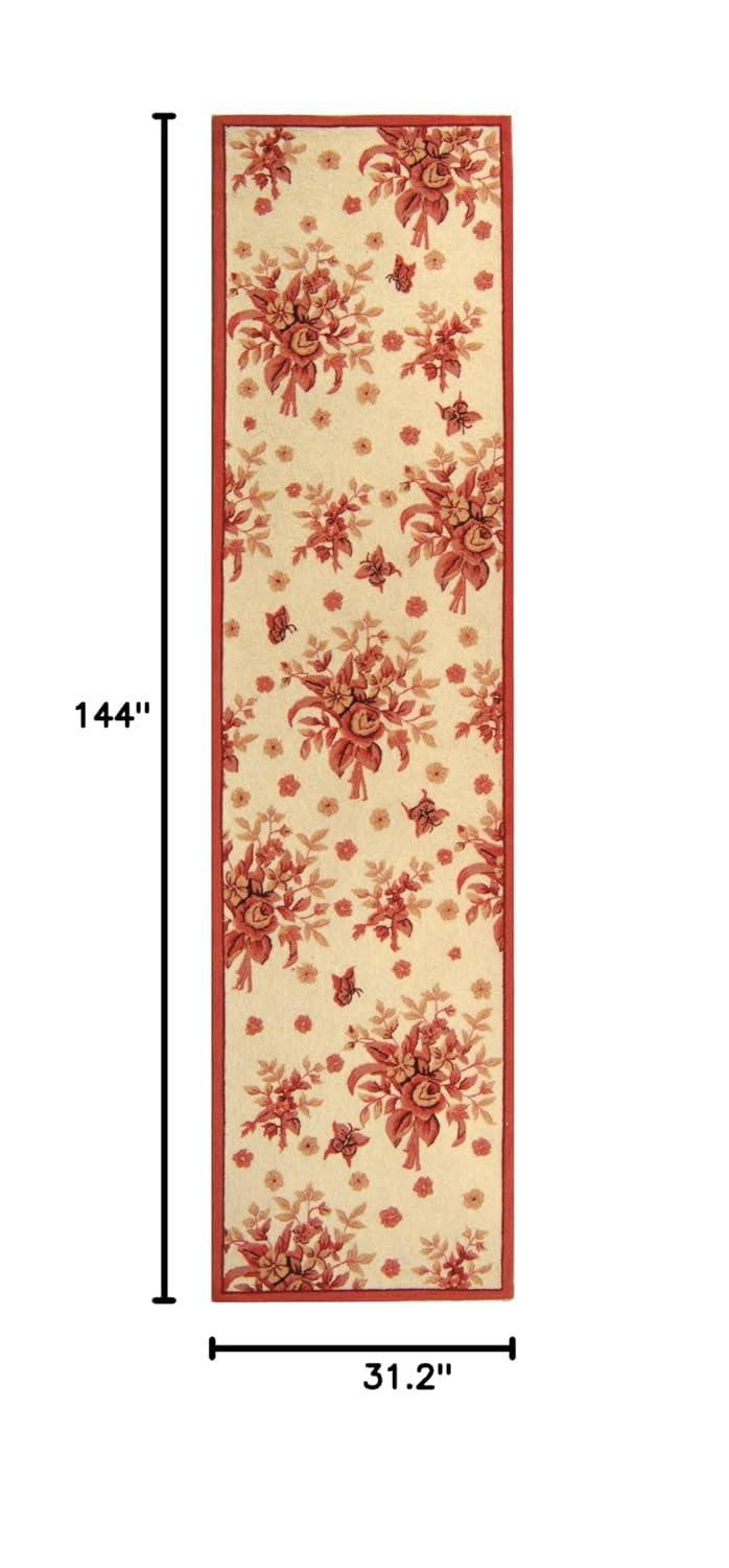 Ivory and Rose Floral Wool Runner Rug, 2'6" x 12'