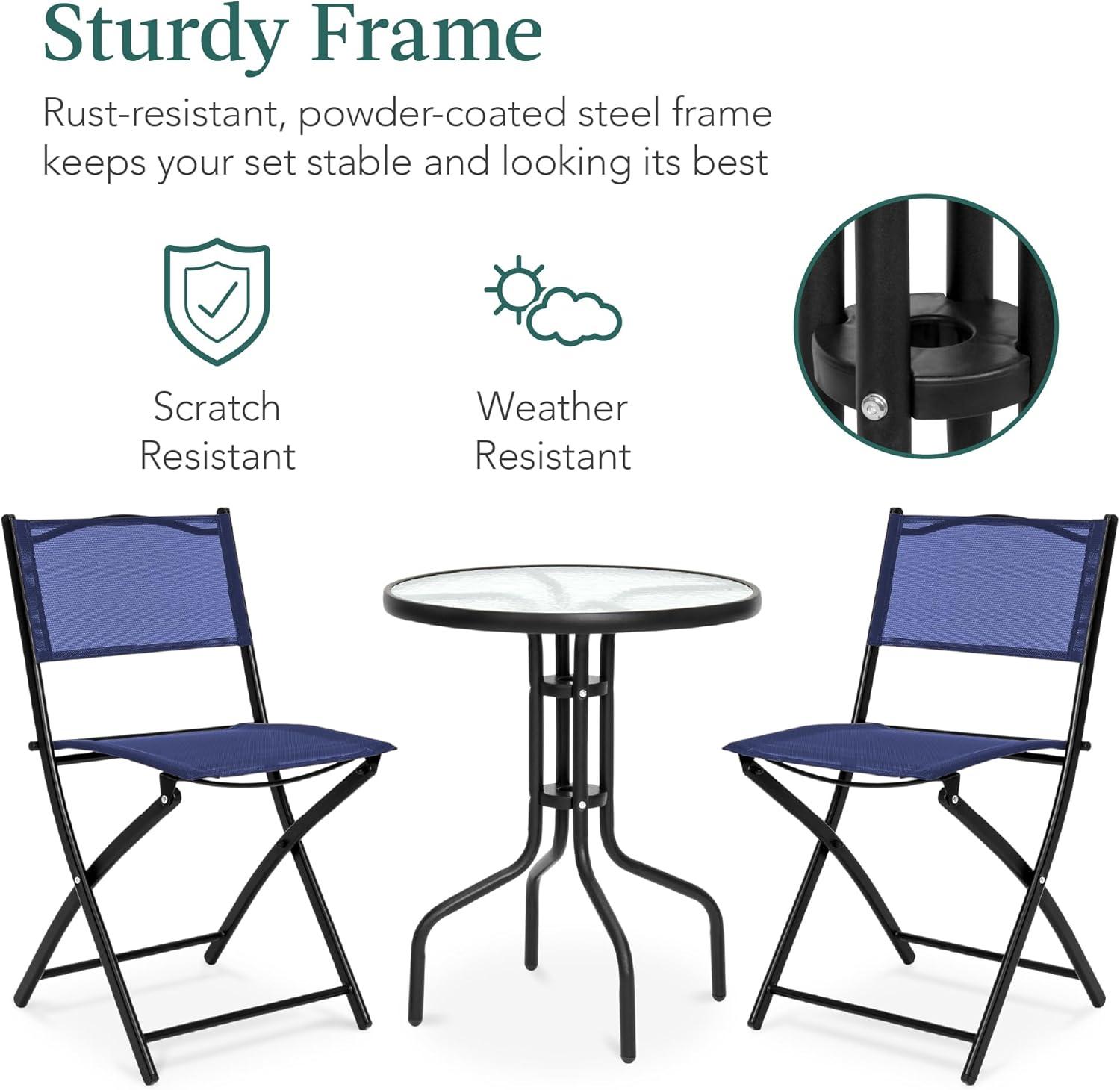 George Oliver 3-Piece Patio Bistro Dining Furniture Set W/ Glass Tabletop, Folding Chairs