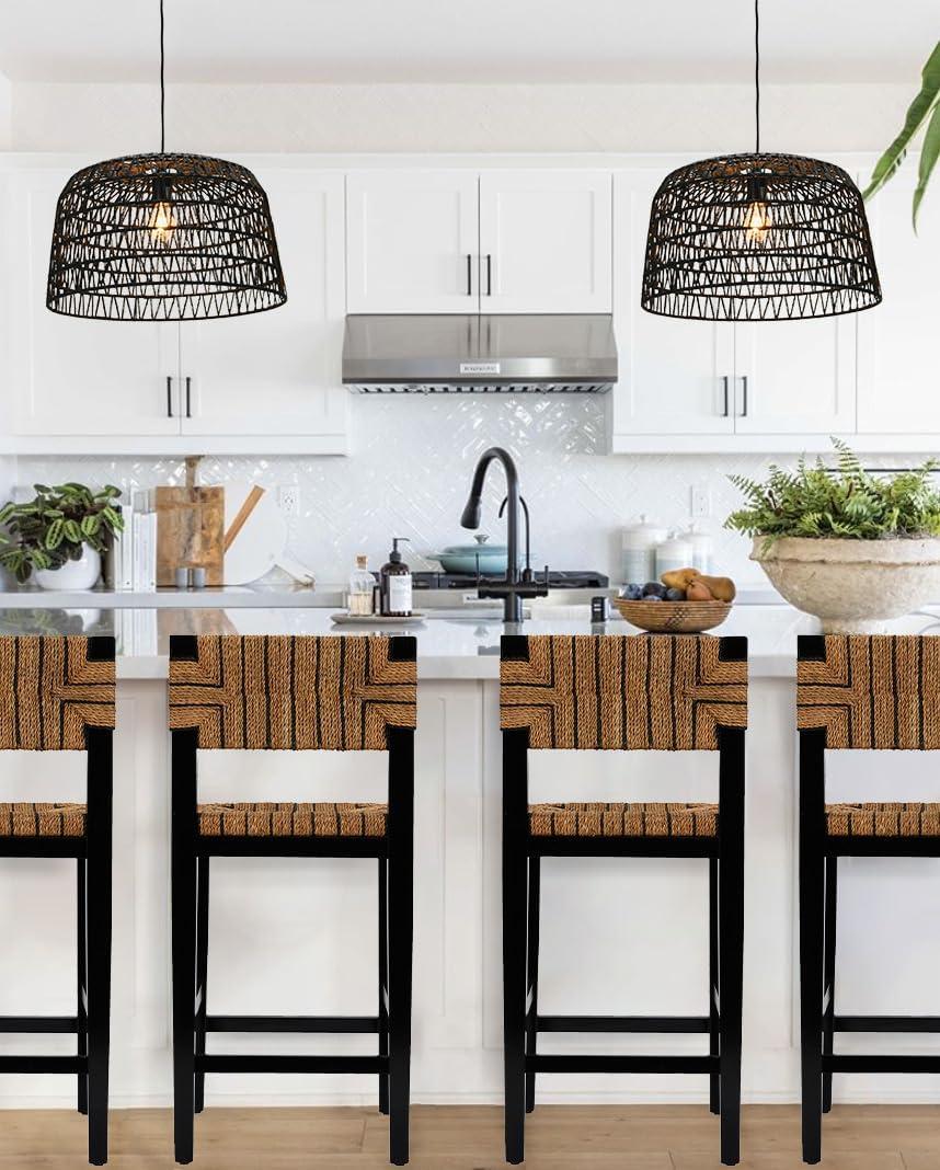 Creative Co-Op Open Weave Metal and Paper Rope Ceiling Light, Black