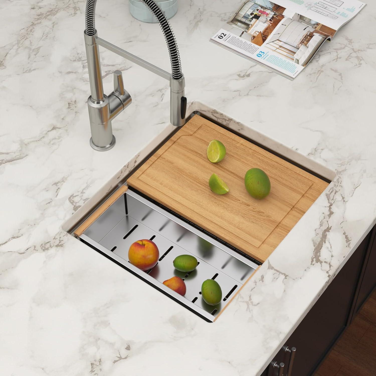 23x19 Inch Undermount Kitchen Workstation Sink - 16 Gauge 304 Stainless Steel Single Bowl With Ledge - Deep Handmade RV Bar Sink