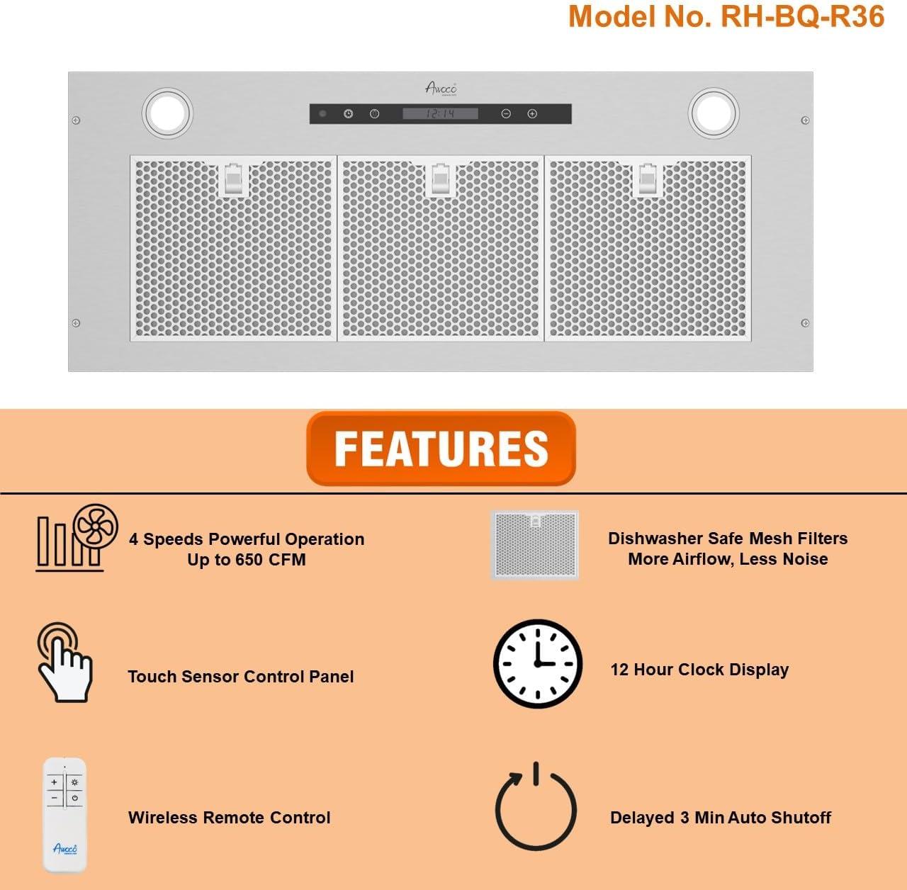 Awoco 36" Stainless Steel 650 CFM Ducted (Vented) Insert Range Hood with Mesh Filter