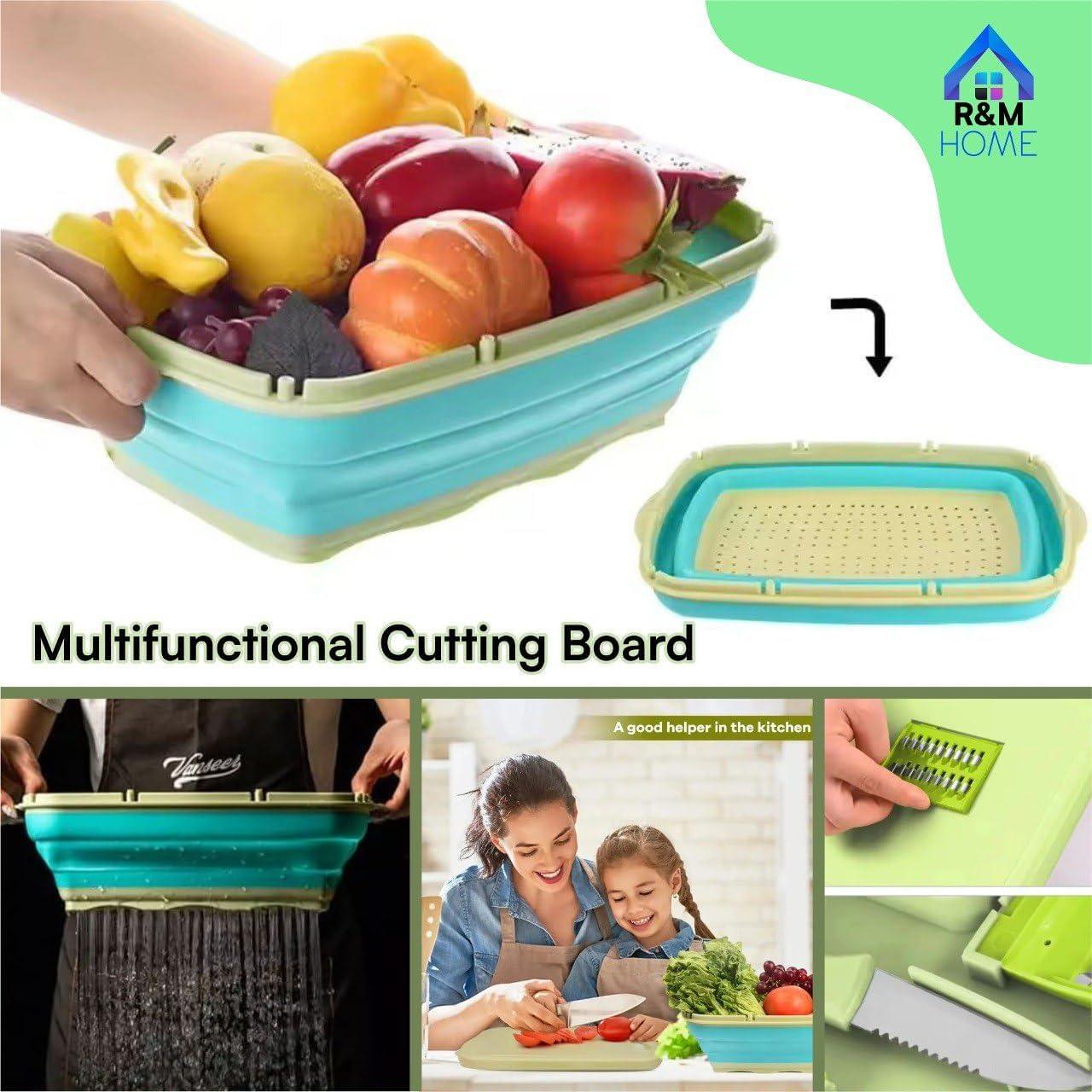 R&M HOME Green Plastic Multi-Functional Folding Cutting Board, 9-in-1 with Grating, Chopping, Slicing, Cutting, and Washing Functions for Vegetables and Fruits, Knife-Safe, Perfect for Kitchen.
