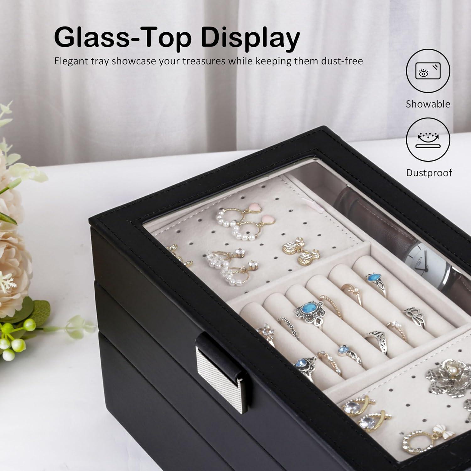 Latitude Run® Stackable Jewelry Trays, 4-Tier Jewelry Box, Drawer Jewelry Organizer, With Glass Lid, Removable Dividers, For Vanity Table, 6.7 X 11 X 7.2 Inches, Cloud White