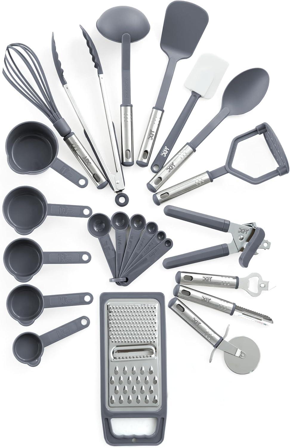 Lux Decor Collection 23 Pieces Cooking Utensils Set, Kitchen Utensils Sets of Nylon and Stainless Steel Utensils Set Pack of 1, Gray Utensils Set