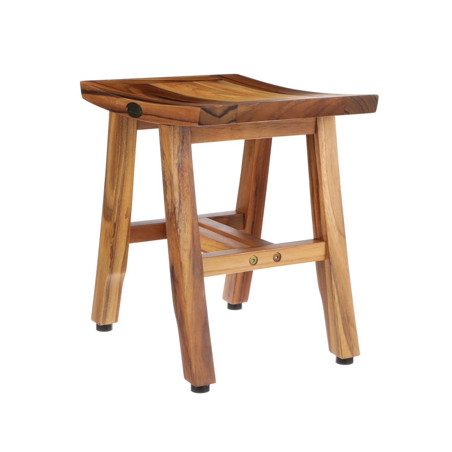 EcoDecors® Satori® 14" Solid Teak Shower Bench, Water-Resistant Bath Stool with Adjustable Feet, EarthyTeak Finish, Indoor/Outdoor Use