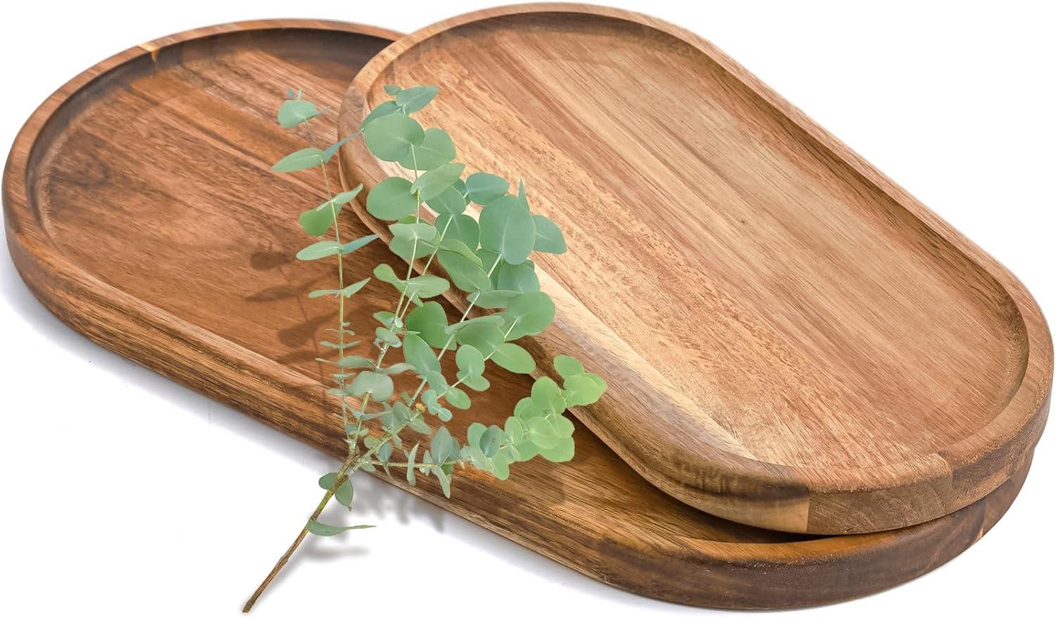 SPEShh Acacia Wooden Serving Trays Set of 2 - Rectangular Oval Shaped Wood Plates for Charcuterie Cheese Bread Fruit Vegetable Dip Sushi - Rustic Serving Platter Shallow Dishes -14x7 & 11x5.5 In.