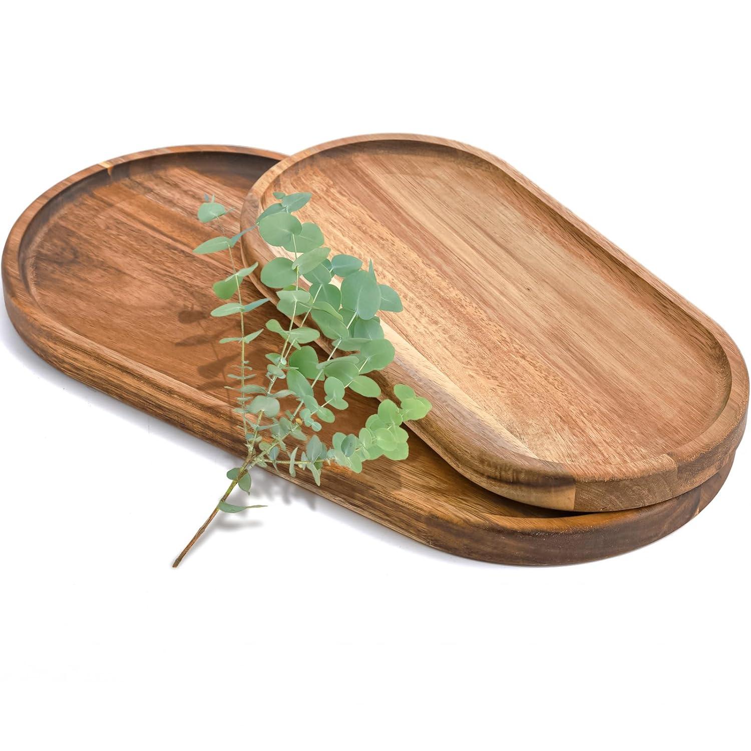 SPEShh Acacia Wooden Serving Trays Set of 2 - Rectangular Oval Shaped Wood Plates for Charcuterie Cheese Bread Fruit Vegetable Dip Sushi - Rustic Serving Platter Shallow Dishes -14x7 & 11x5.5 In.