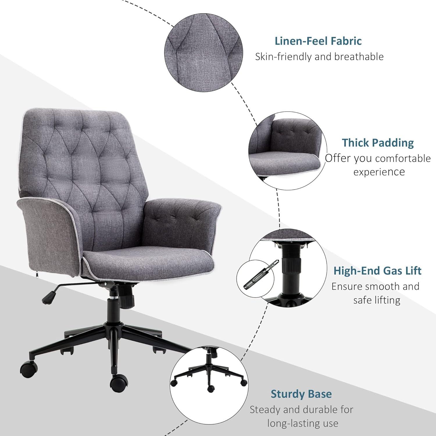 Vinsetto Modern Mid-Back Tufted Linen Home Office Desk Chair with Arms, Swivel Adjustable Task Chair, Upholstery Accent Chair with Soft Seat, Gray