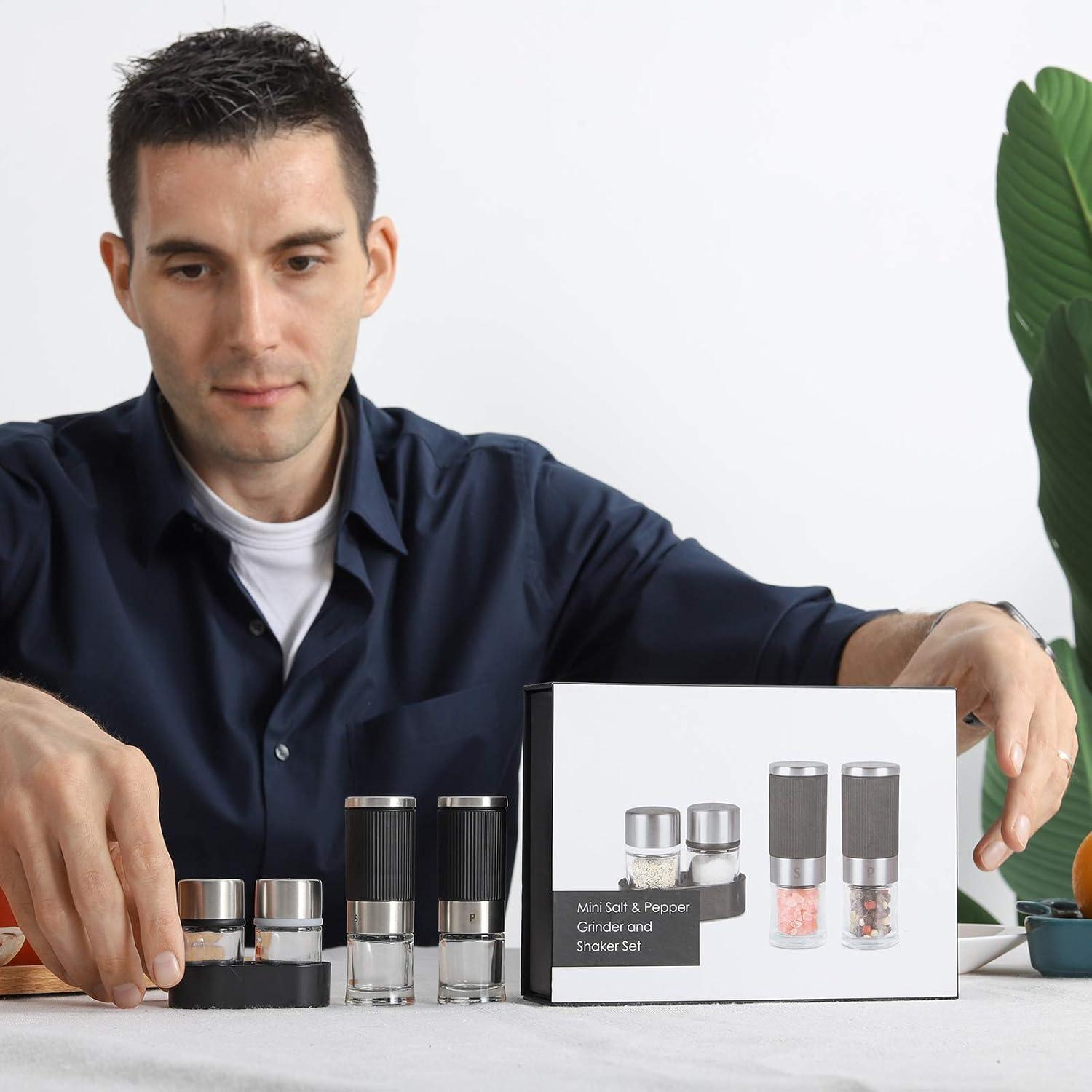 VEVOK CHEF Mini Salt and Pepper Grinder set with 2 Small Salt and Pepper Shakers Portable Cute Tiny Spice Grinder Pepper Mill Salt Grinder for Travel, Work, Camping, Party, School, Lunch Box