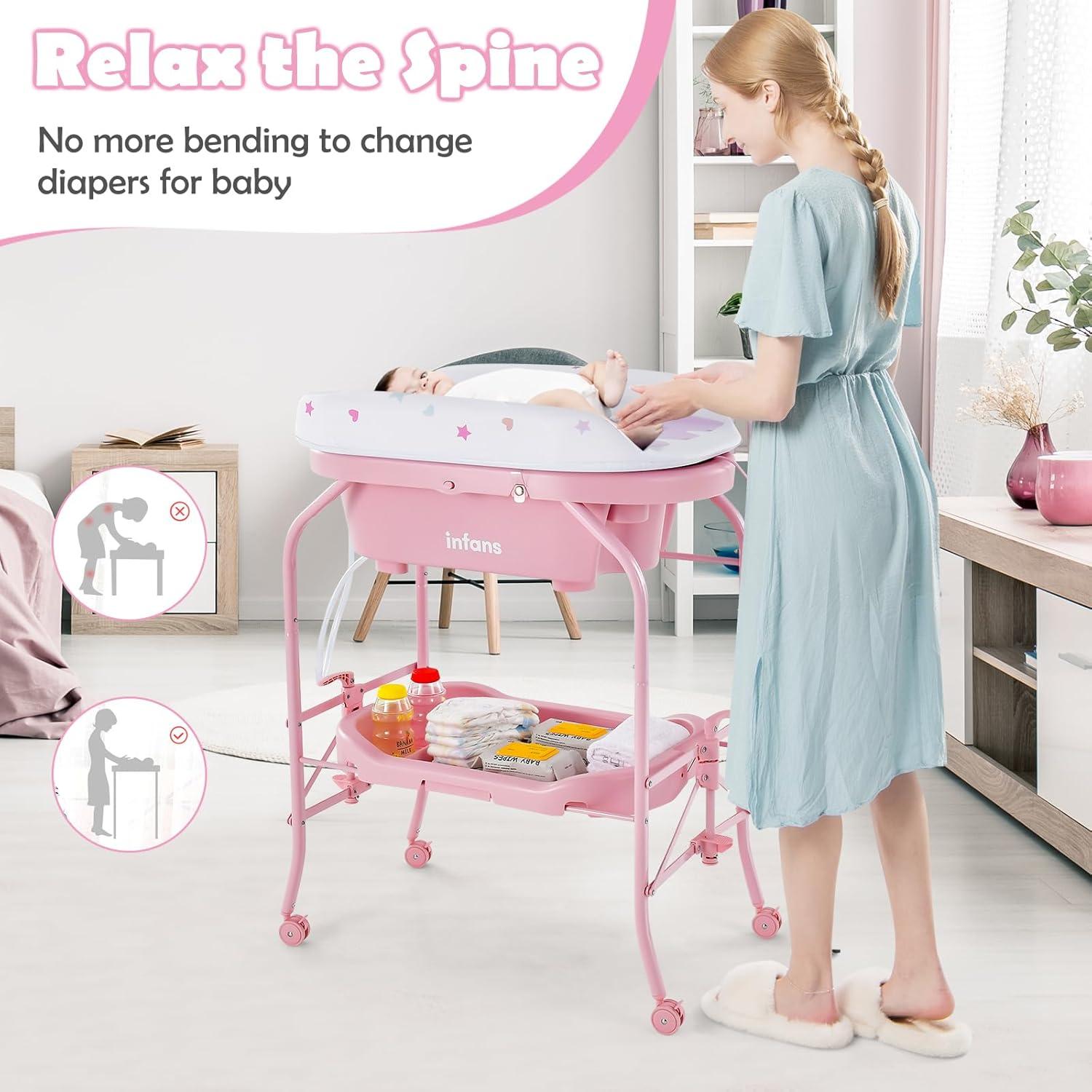 OLAKIDS 2 in 1 Baby Changing Table with Bath Tub Unit, Folding Diaper Dresser Station with Wheels Waterproof Pad Storage Rack, Portable Nursery Organizer Stand for Newborn Infant