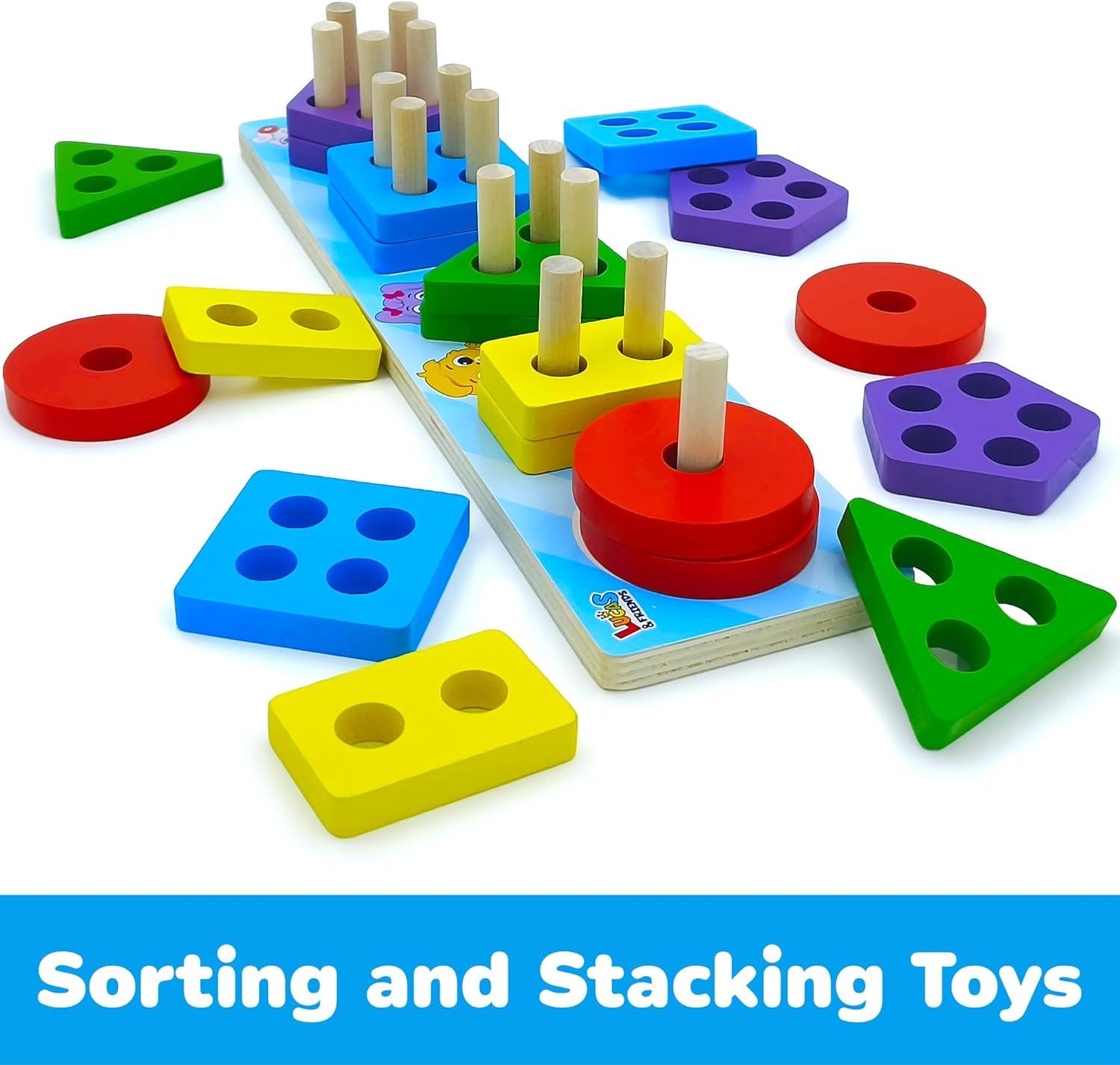 Lucas & Friends Sorting & Stacking Toys, Wooden Puzzle Toy for Learning Shapes and Colors