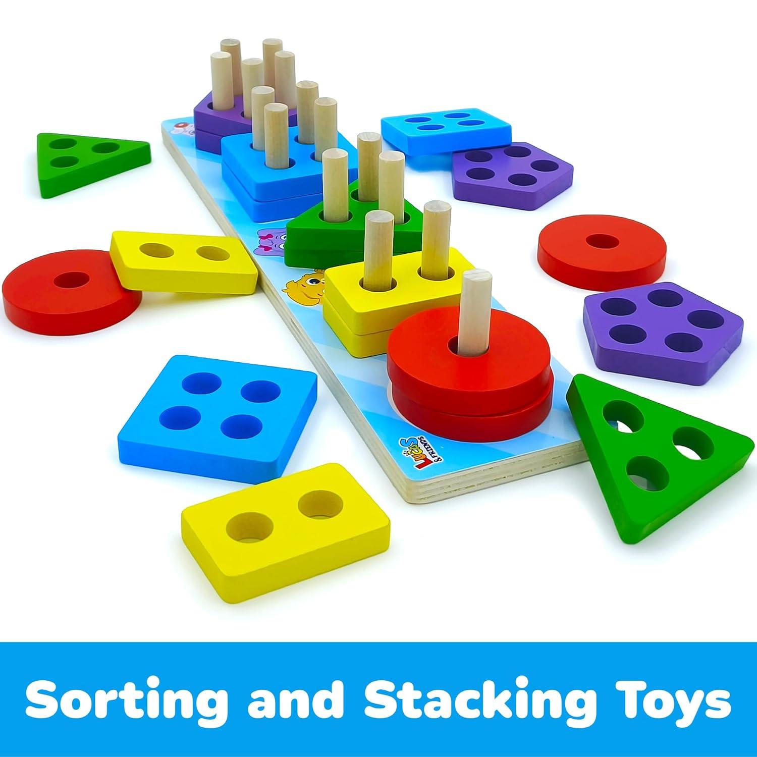 Lucas & Friends Sorting & Stacking Toys, Wooden Puzzle Toy for Learning Shapes and Colors