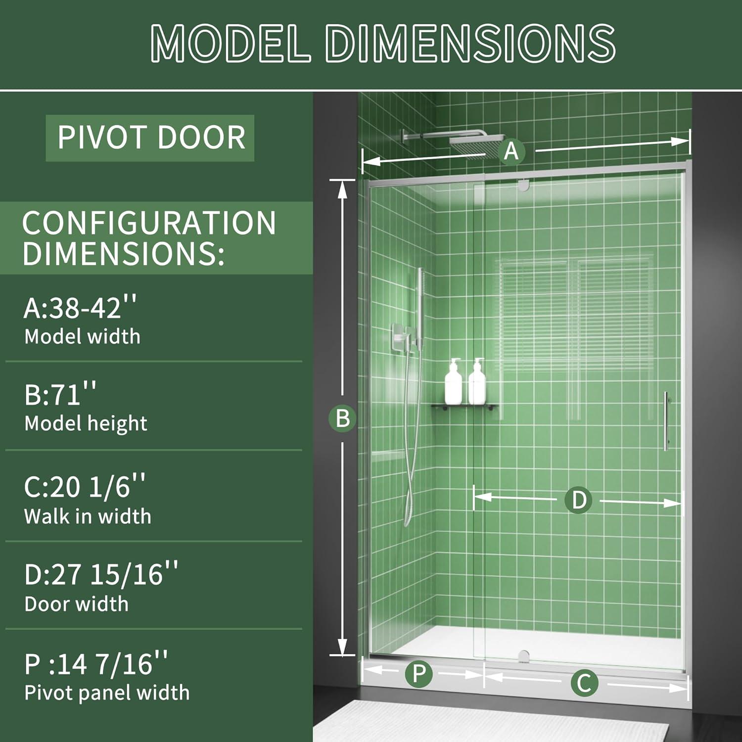 38-42" W x 71" H Piovt Swing Glass Shower Door,Pivot Semi-Frameless Glass Shower Door with 1/4"(6mm) Clear SGCC Tempered Glass,Chrome Finish Shower Doors,Reversible Installation