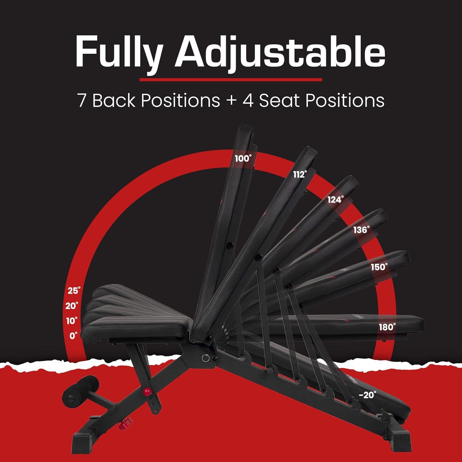 Adjustable Bench By Core Home Fitness, Foldable Weight Bench, Incline/Decline/Flat Bench, 7 Back Adjustments, Adjustable Seat, Black/Red (51MAB)