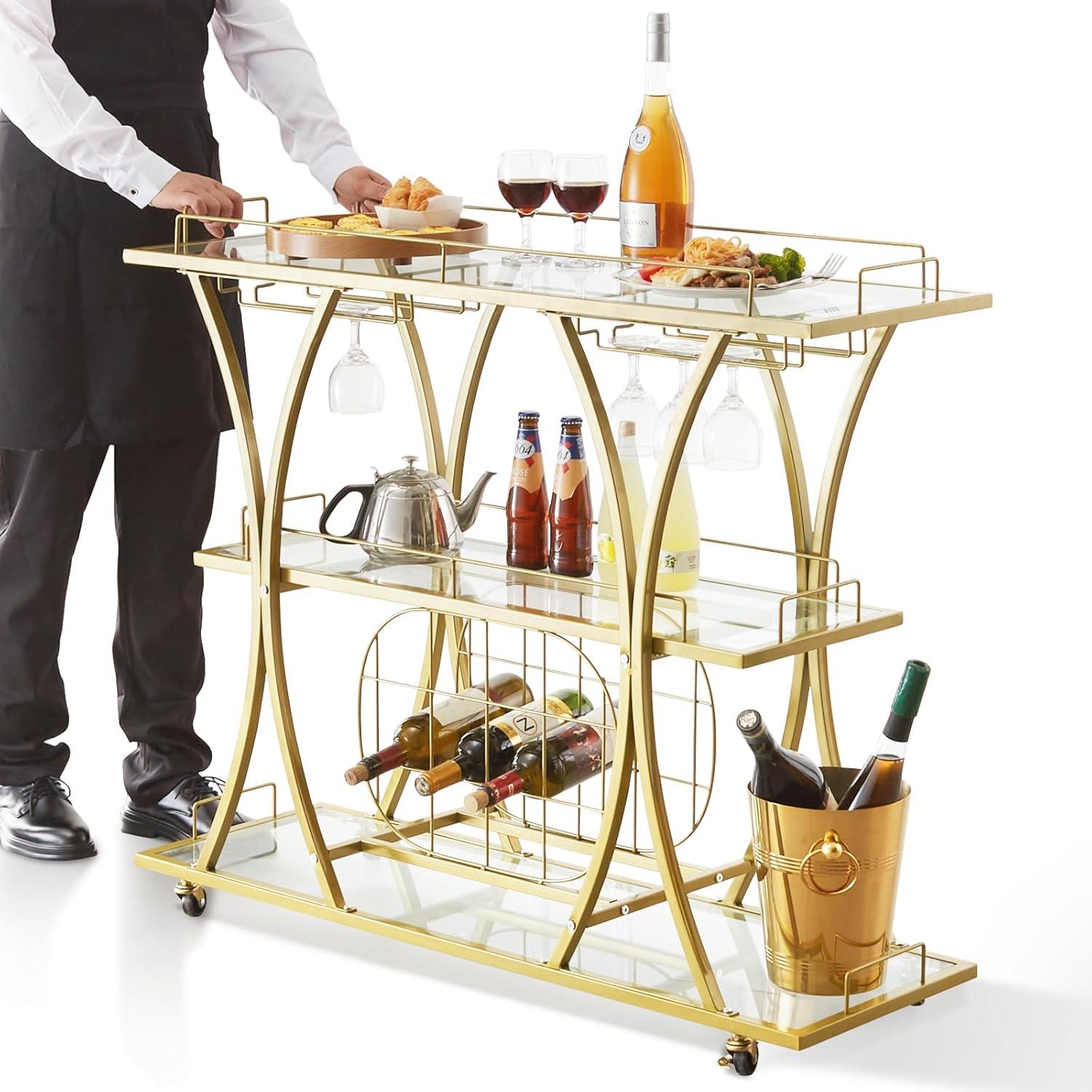 VEVOR Bar Cart Gold 3 Tiers Home Bar Serving Cart on Lockable Wheels with Tempered Glass Shelves Guardrail Wine Rack