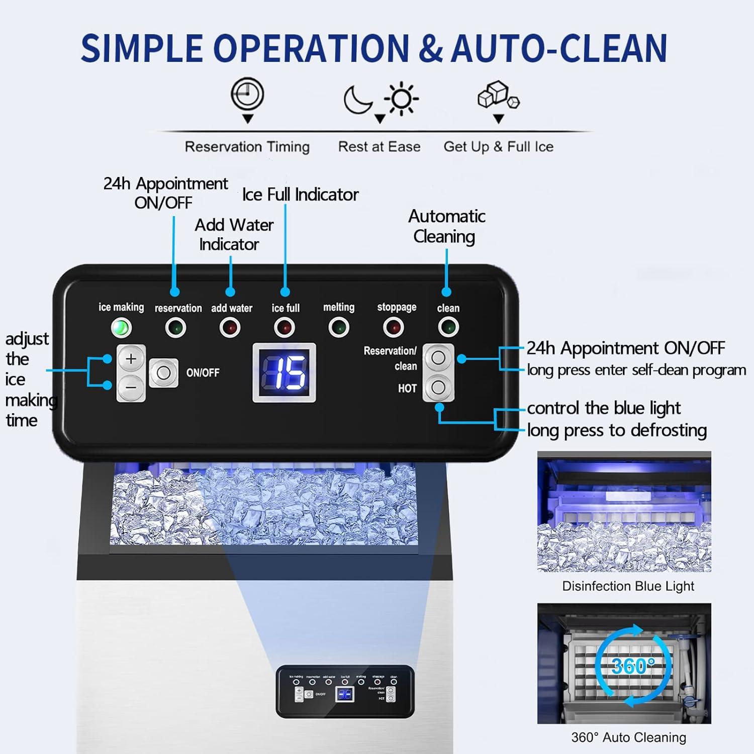 Commercial Maker 120 lb./24 H Freestanding Ice Maker Machine with 35 lbs. Storage, 2 Water Inlet Modes, Stainless Steel