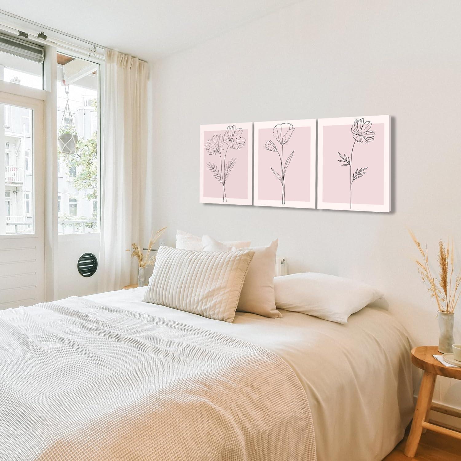 Lark Manor™ 3 Pieces Minimalism Botanical Canvas Wall Art Pink Flowers Line Plants Pictures Wall Decor Posters Print Artwork For Room Living Room Bedroom Bathroom Office Home Decoration