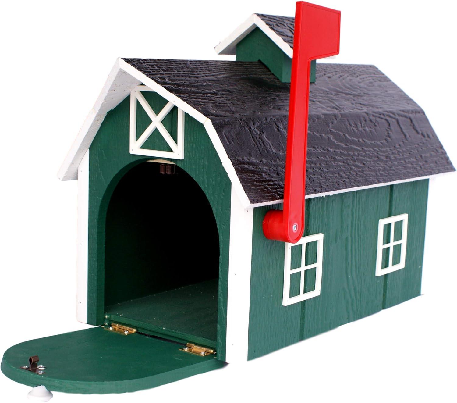 Amish-Made Forest Green and White Wooden Barn Mailbox