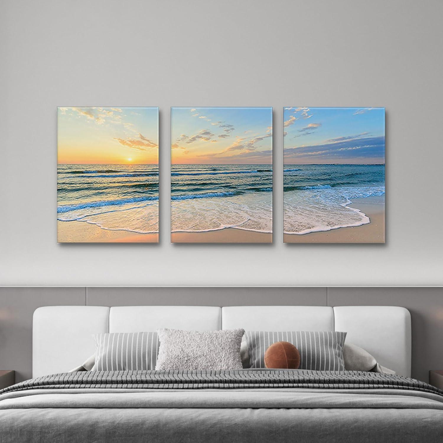 Asdg12s-3 Panel Wall Art Blue Sea Sunset White Beach Painting The Picture Print On Canvas Seascape The Pictures for Home Decor Decoration,Ready to Hang