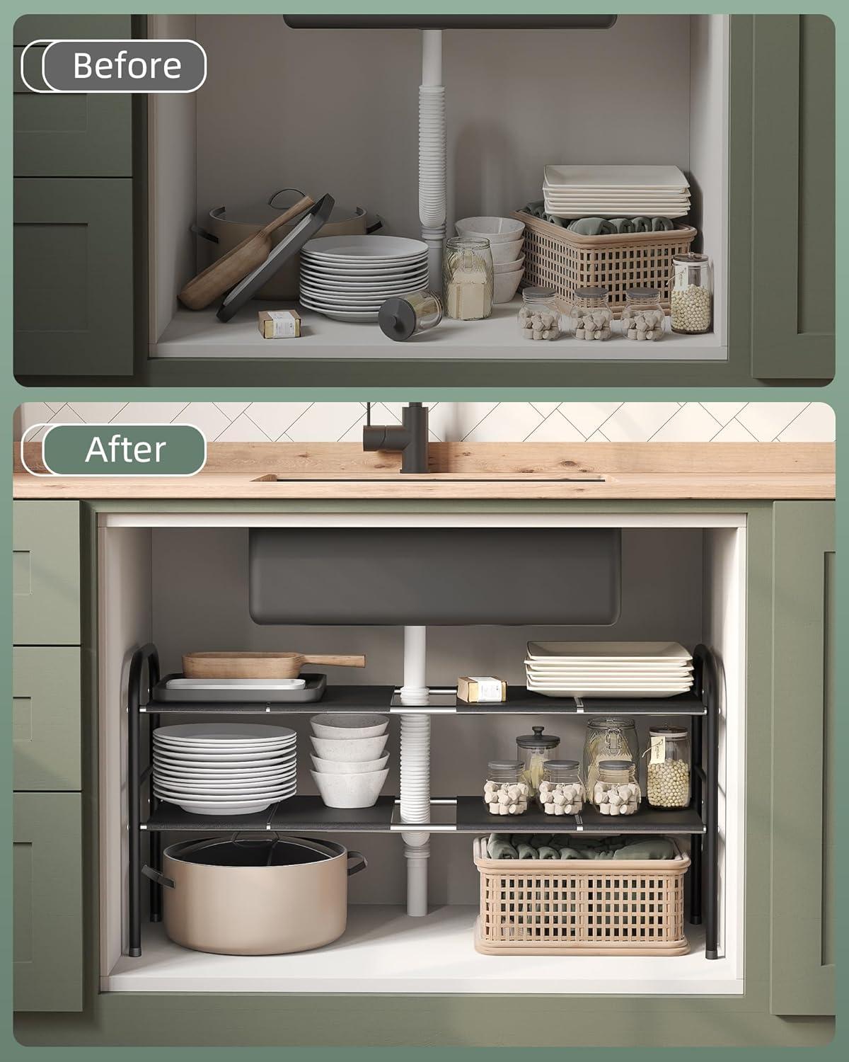 THE GLAMOUR BOUTIQUES Under Sink Organizers And Storage, 2 Tier Expandable Under Cabinet Organizer Shelf With 8 Removable Panels,Expandable Shelf For Cupboard,Kitchen,Bathroom,Shoe Storage Rack