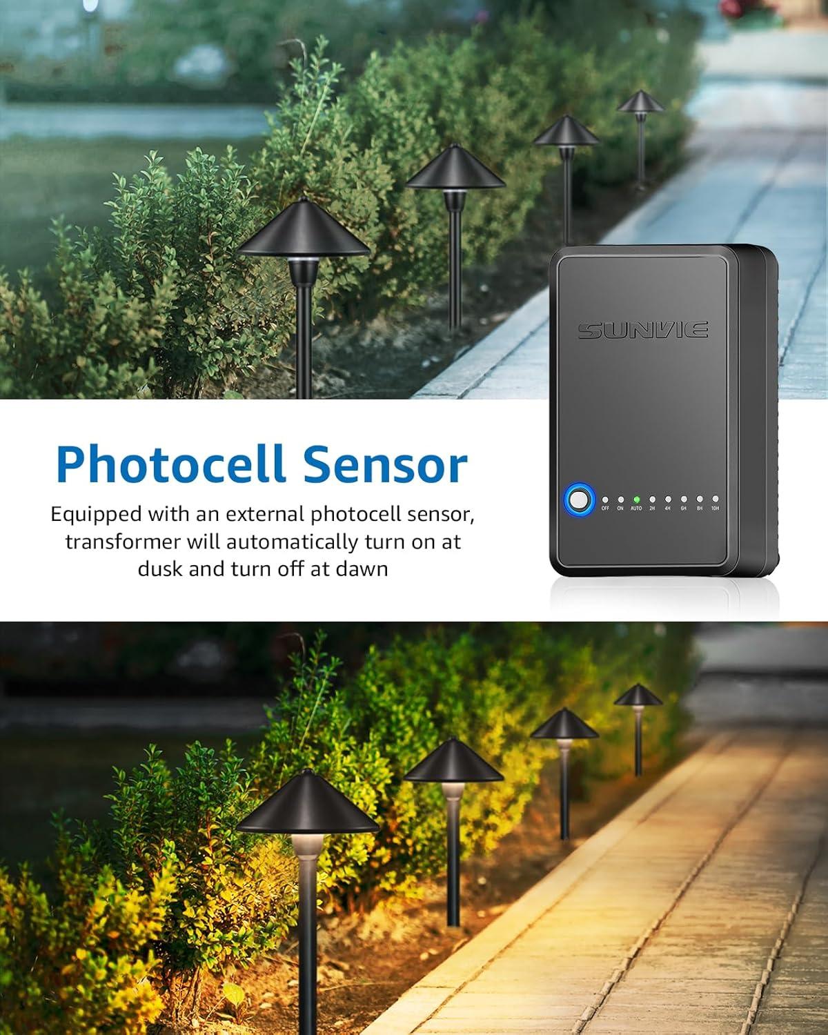 SUNVIE 60W Low Voltage Landscape Transformer with Timer and Photocell Sensor, 120V AC to 12V DC Landscape Lighting Transformer Weatherproof Low Voltage Transformer for Landscape Lights Pathway Lights