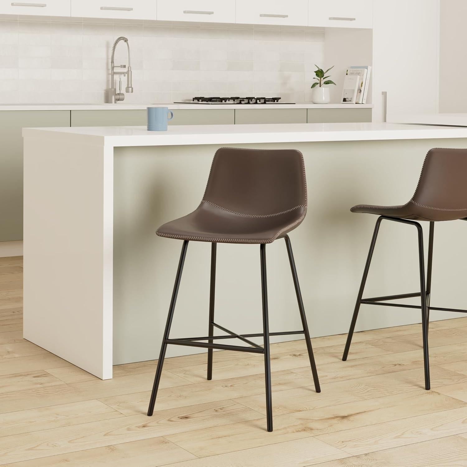 Brown Leather Saddle Style Counter Stools with Steel Legs, Set of 3